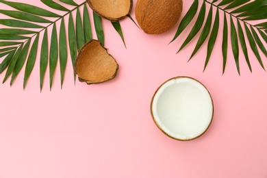 Fresh coconuts and palm leaves on pink background, flat lay