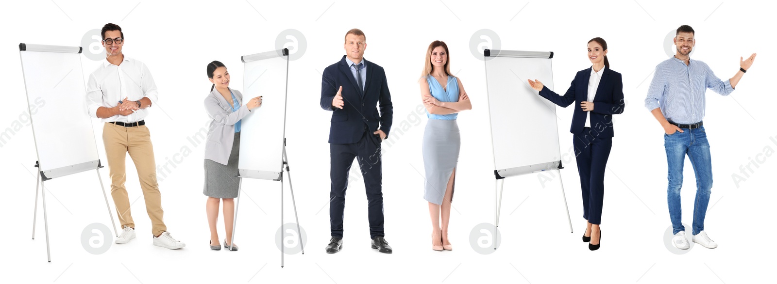 Image of Collage with photos of business trainers on white background, banner design 