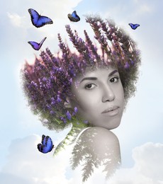 Image of Double exposure of pretty woman and lavender field against sky. Beauty of nature