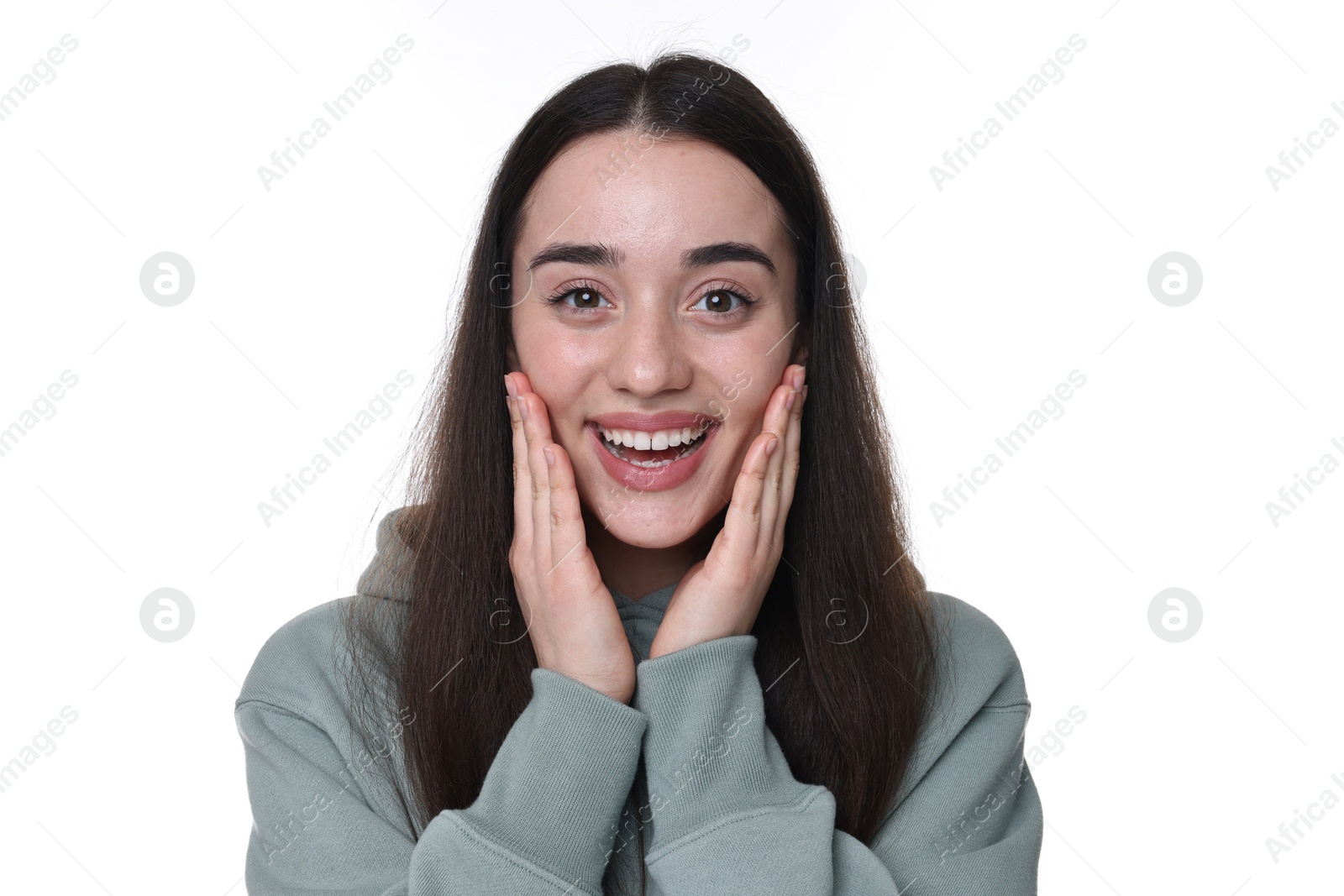 Photo of Portrait of happy surprised woman on white background