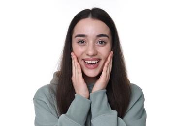 Portrait of happy surprised woman on white background