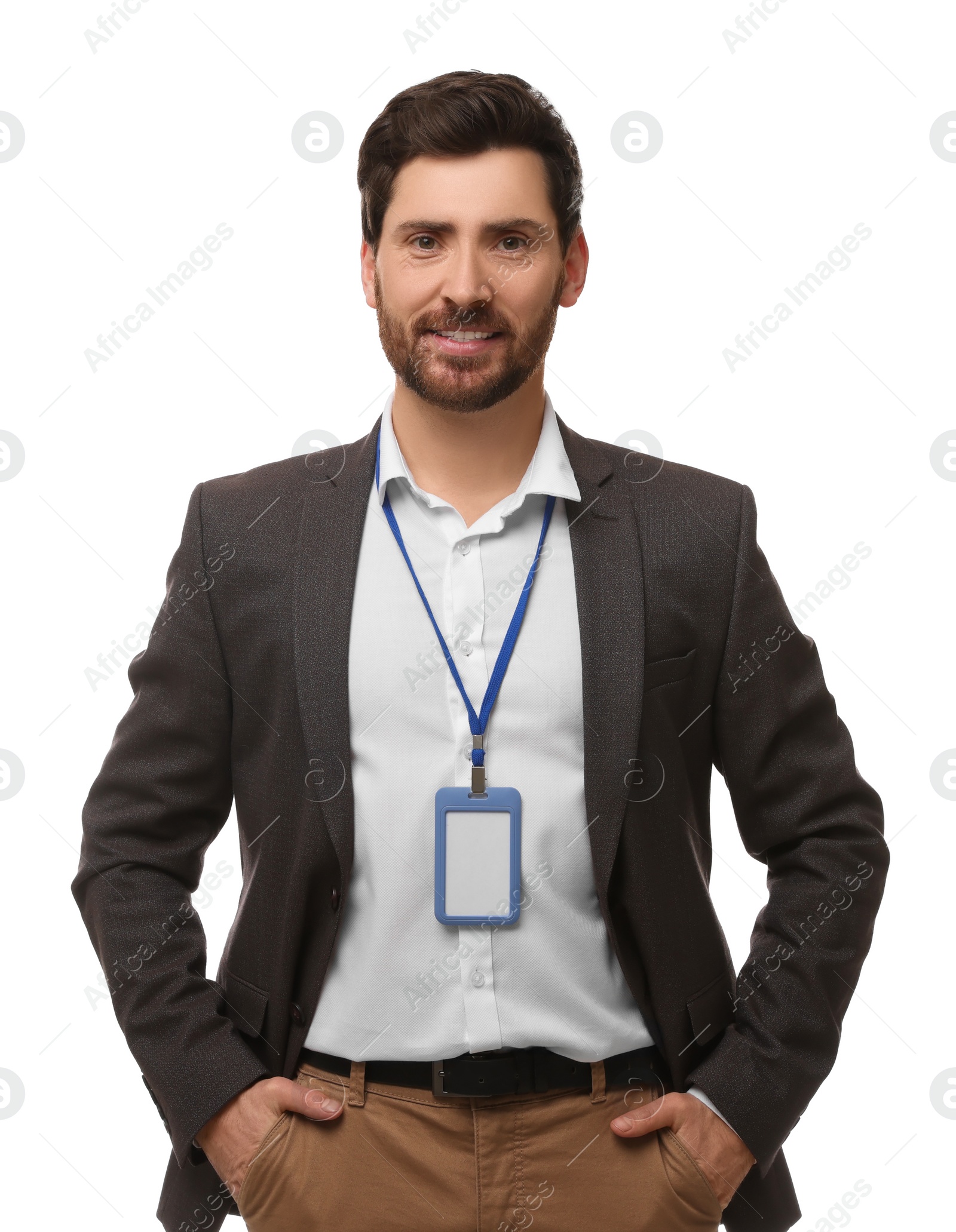 Photo of Smiling man with VIP pass badge on white background