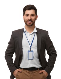 Photo of Smiling man with VIP pass badge on white background