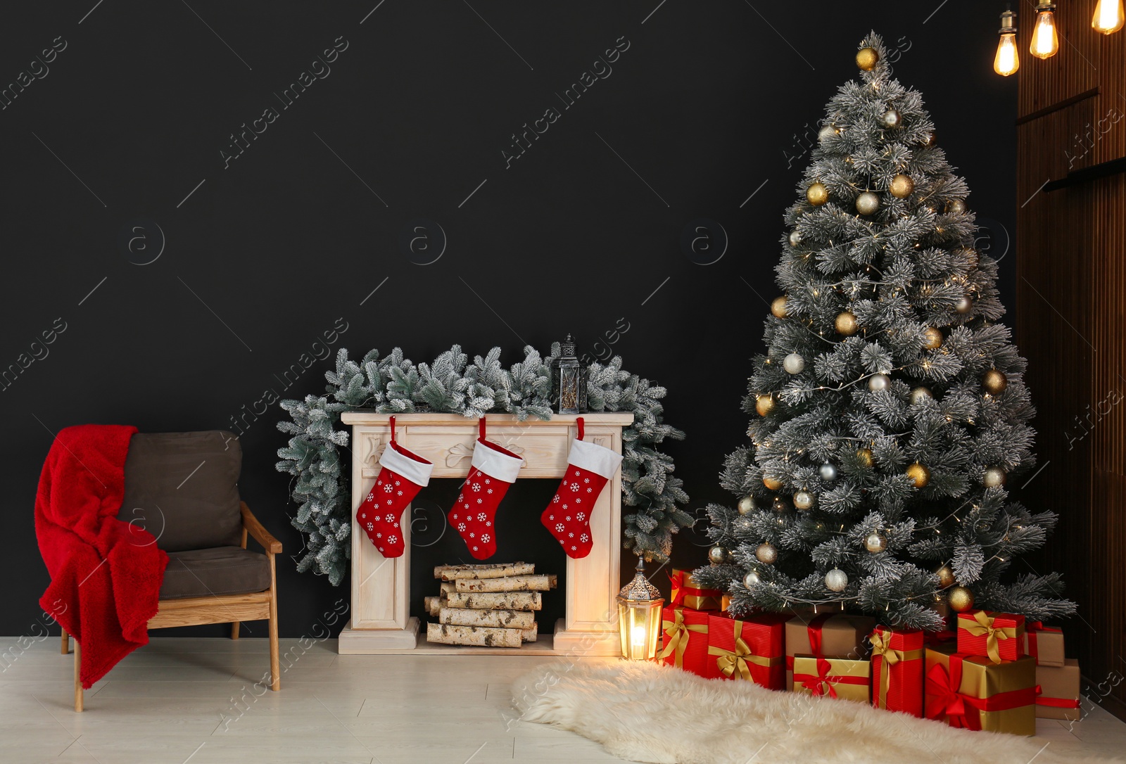 Photo of Stylish Christmas interior with decorated fir tree and fireplace