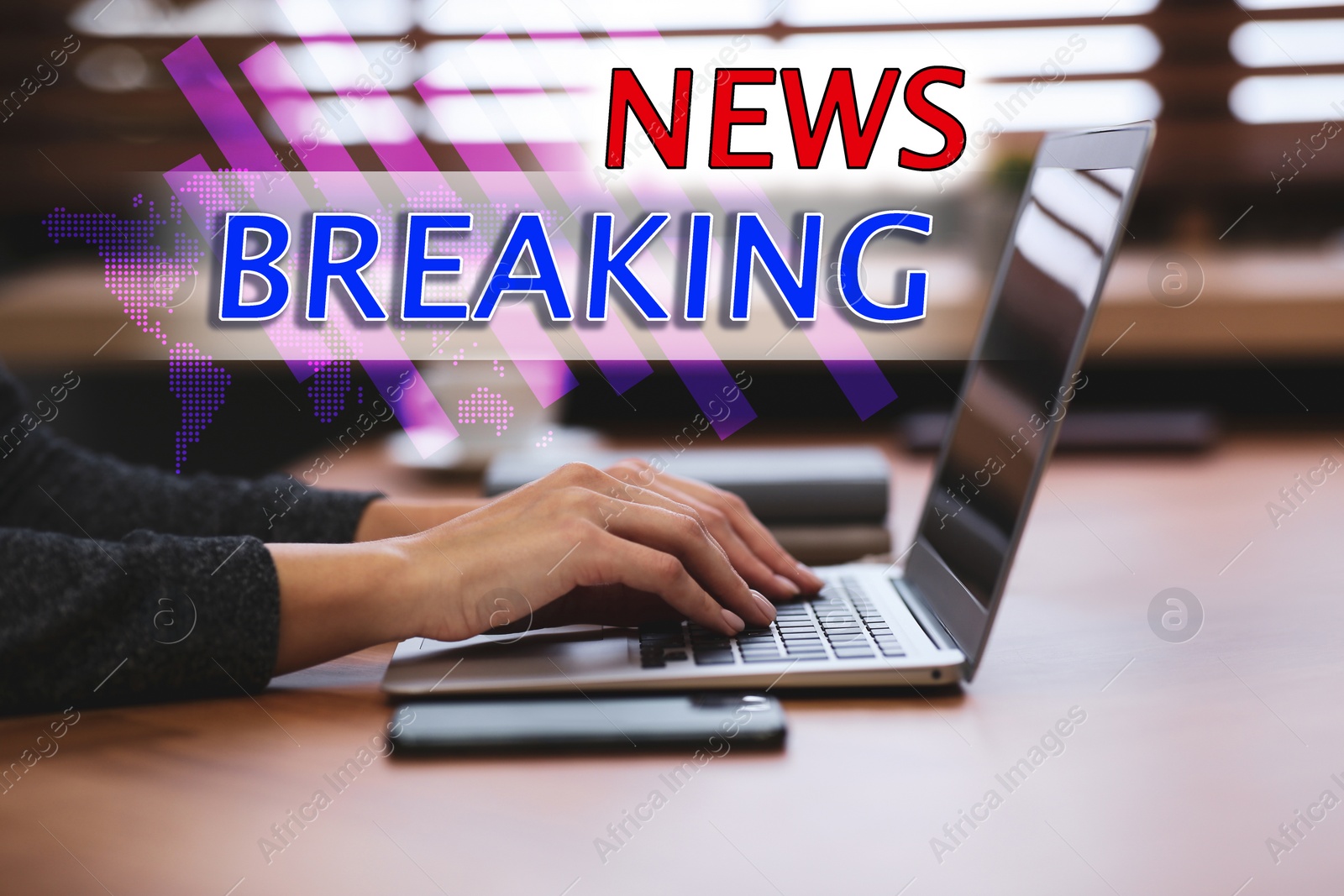 Image of Breaking News. Journalist working with laptop indoors, closeup. Digital world map