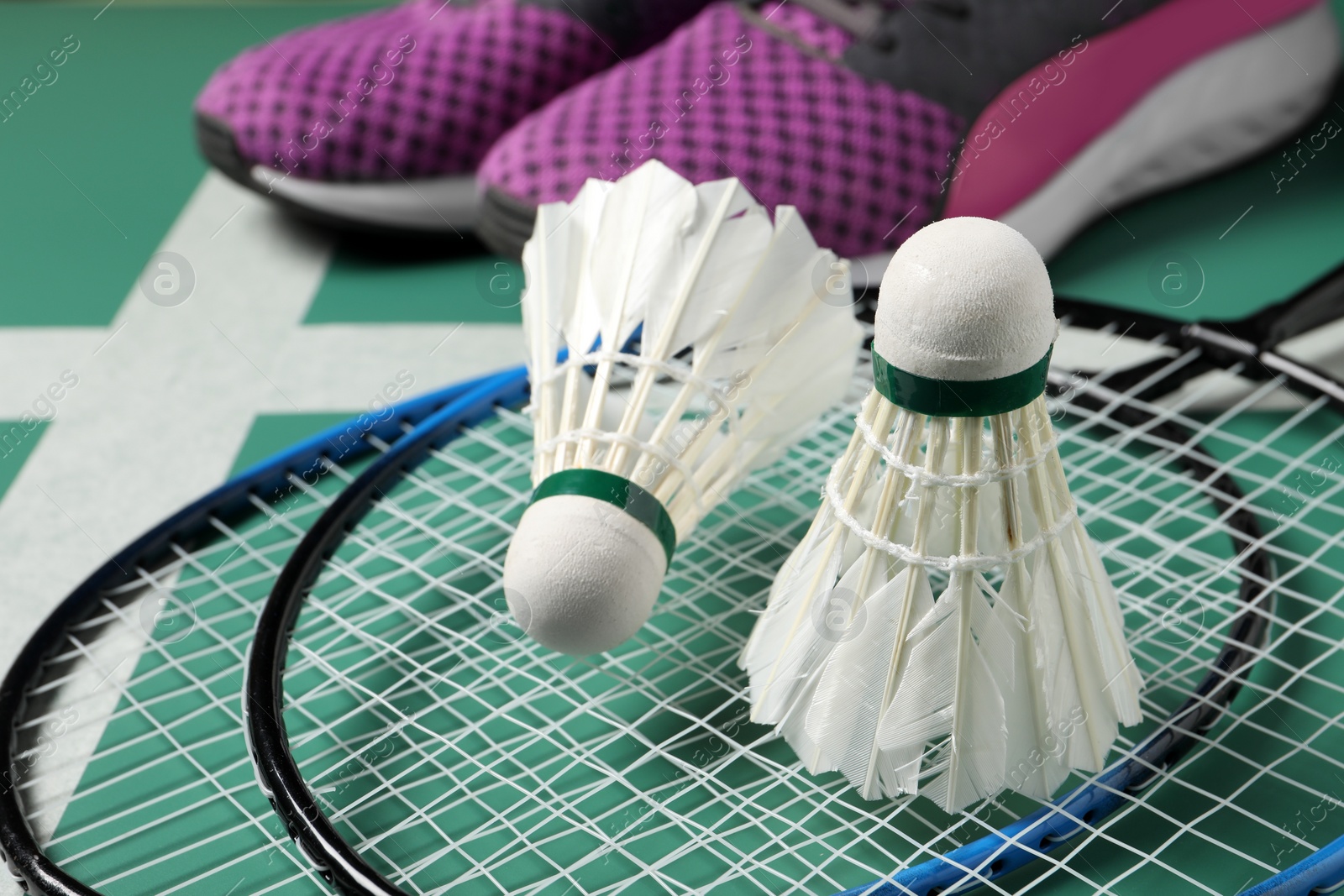 Photo of Feather badminton shuttlecocks, rackets and sneakers on court, closeup