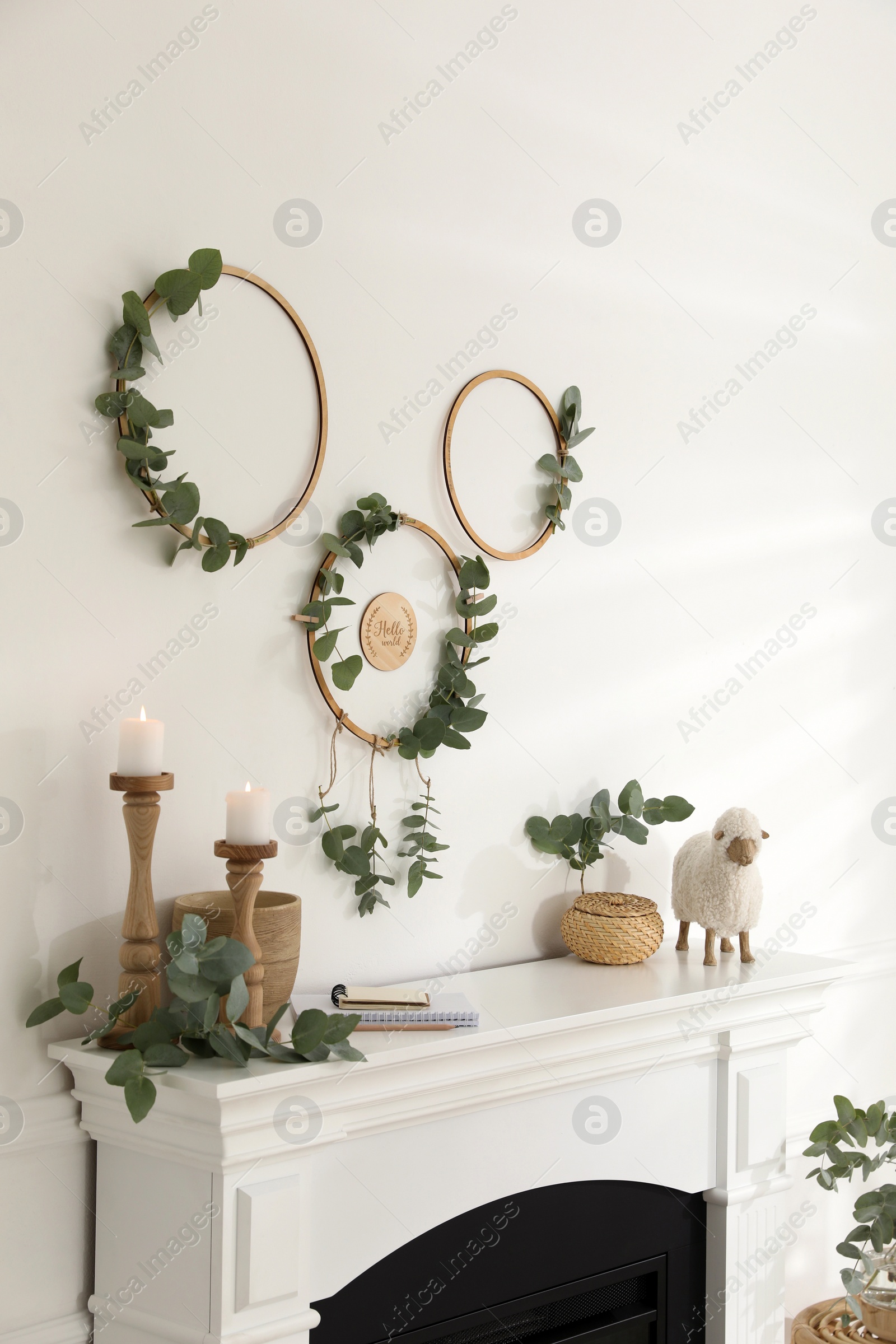 Photo of Stylish room with beautiful fireplace and eucalyptus branches