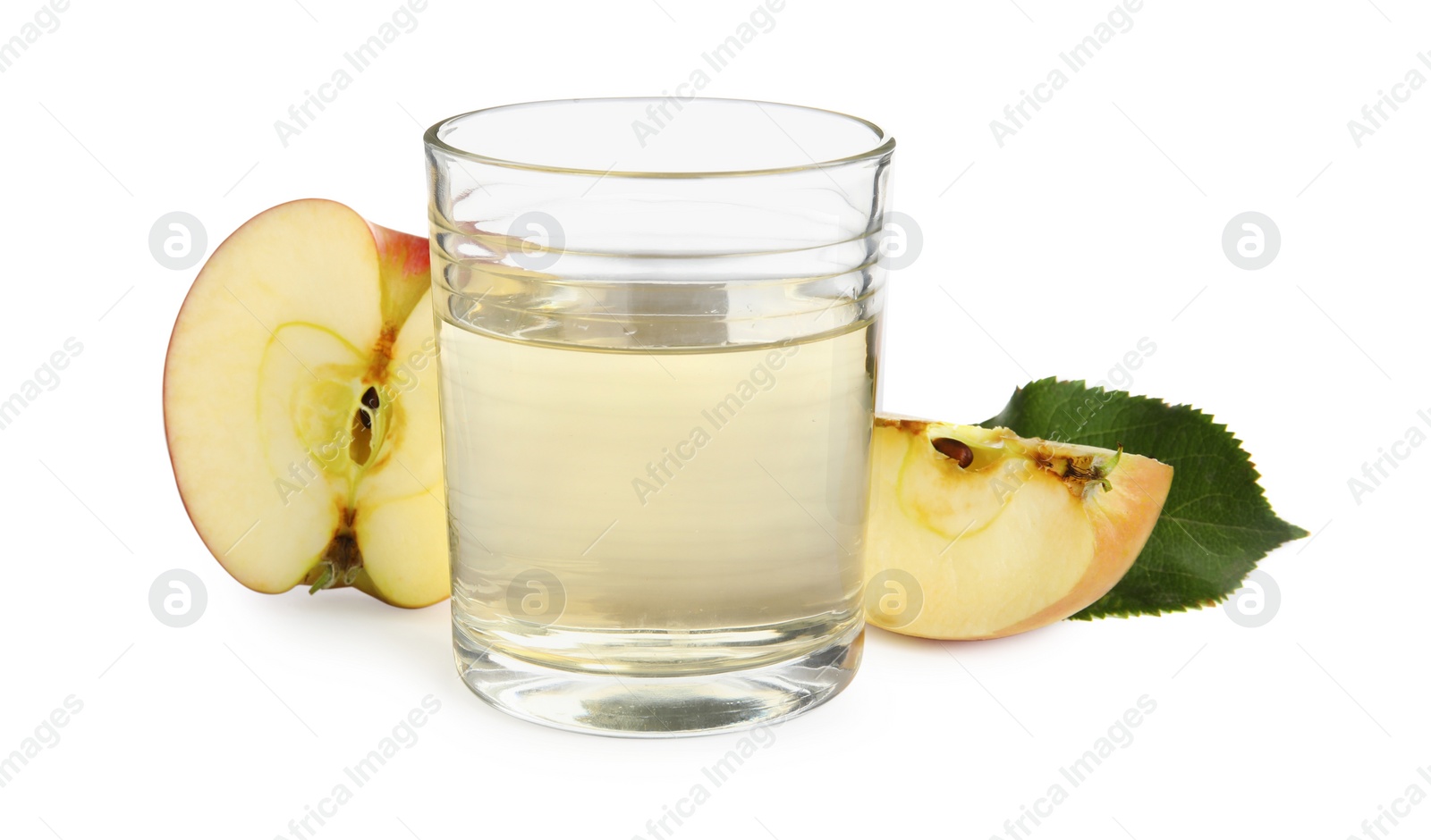 Photo of Natural apple vinegar and fresh fruits on white background