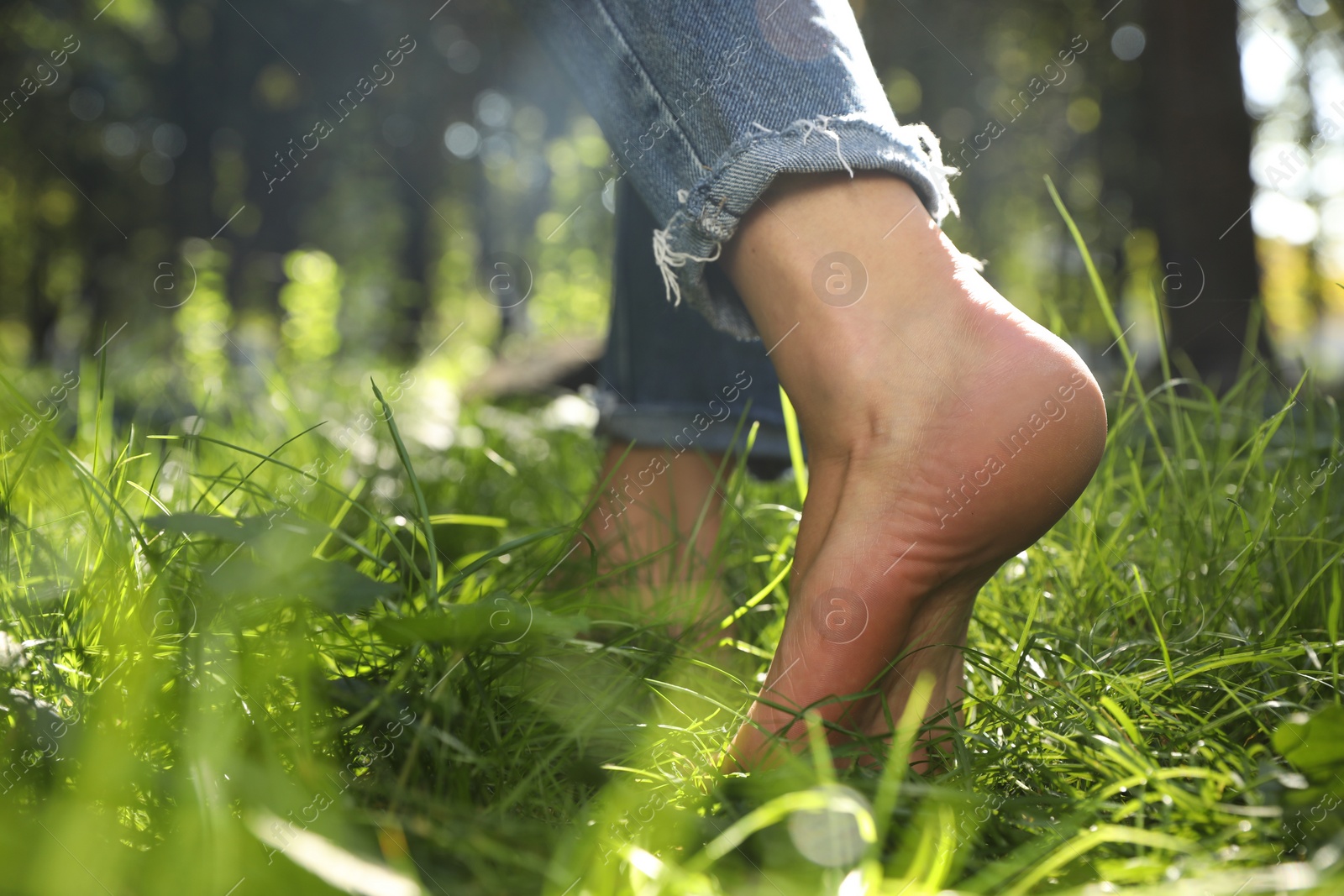 Photo of Woman walking barefoot on green grass in park, closeup