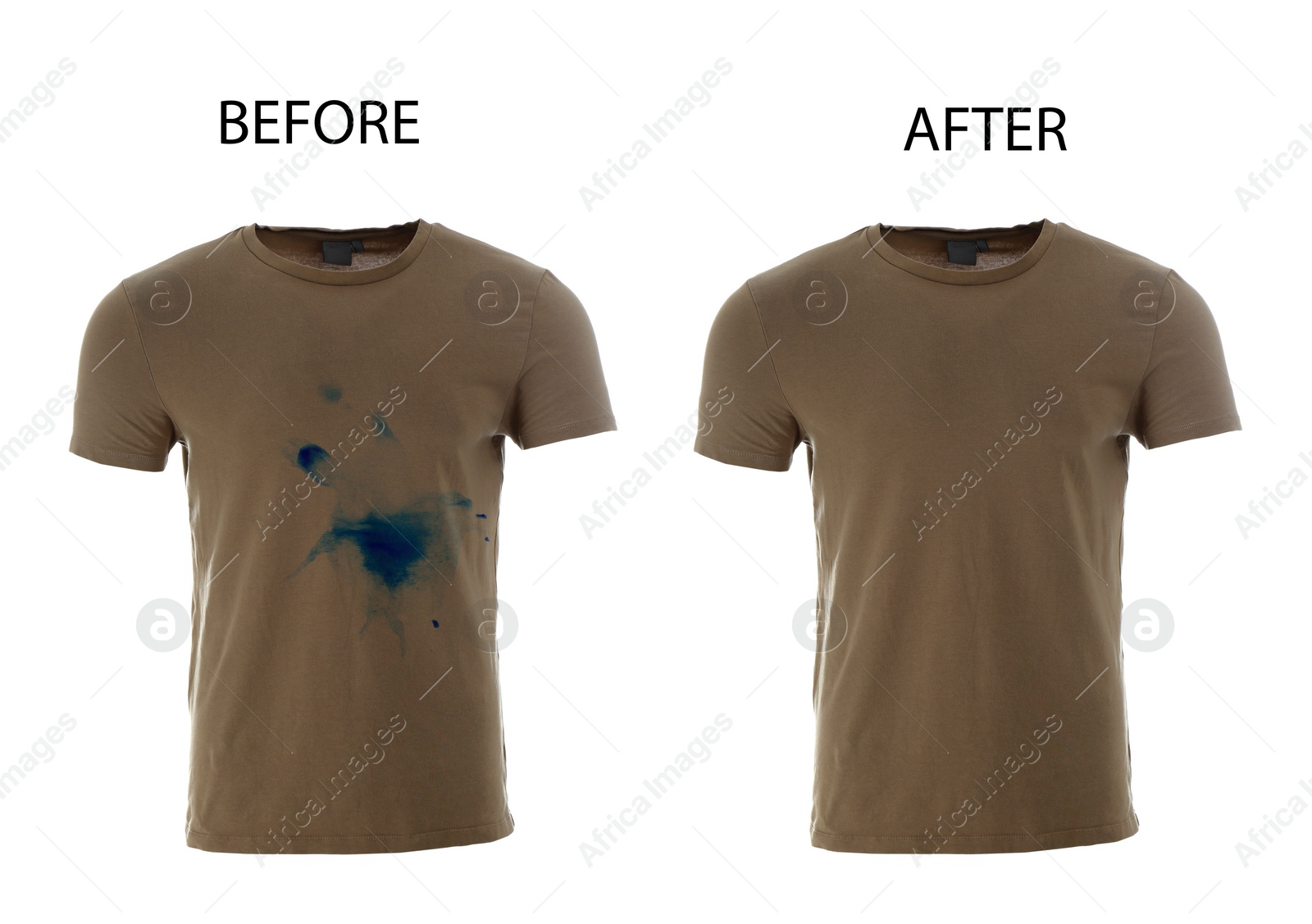 Image of Collage with dirty and clean t-shirt isolated on white. Before and after washing