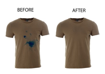 Image of Collage with dirty and clean t-shirt isolated on white. Before and after washing