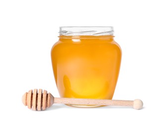 Photo of Tasty natural honey in glass jar and dipper isolated on white