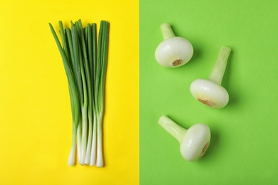 Photo of Flat lay composition with fresh green onion on color background