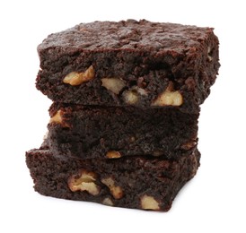 Delicious brownies with nuts on white background