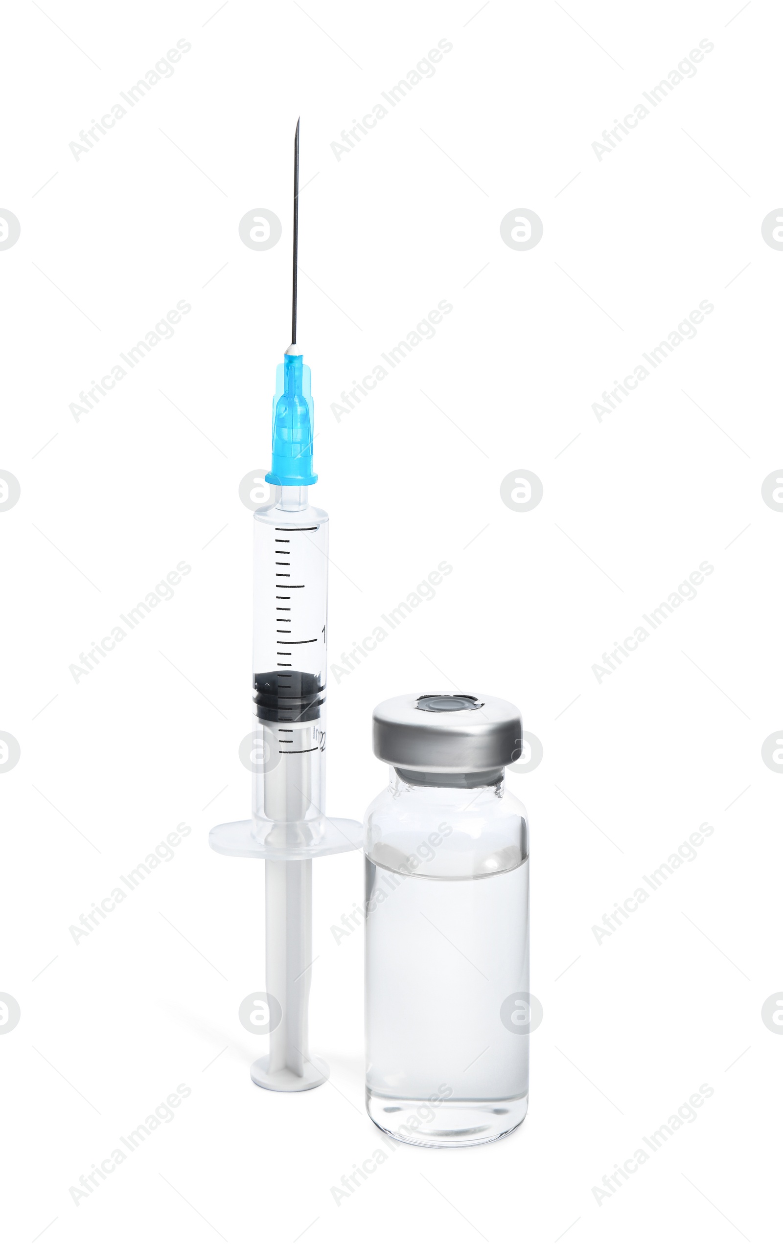 Photo of Vial and syringe on white background. Vaccination and immunization