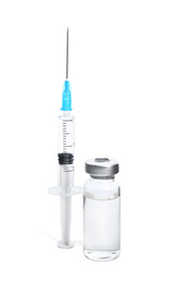 Photo of Vial and syringe on white background. Vaccination and immunization