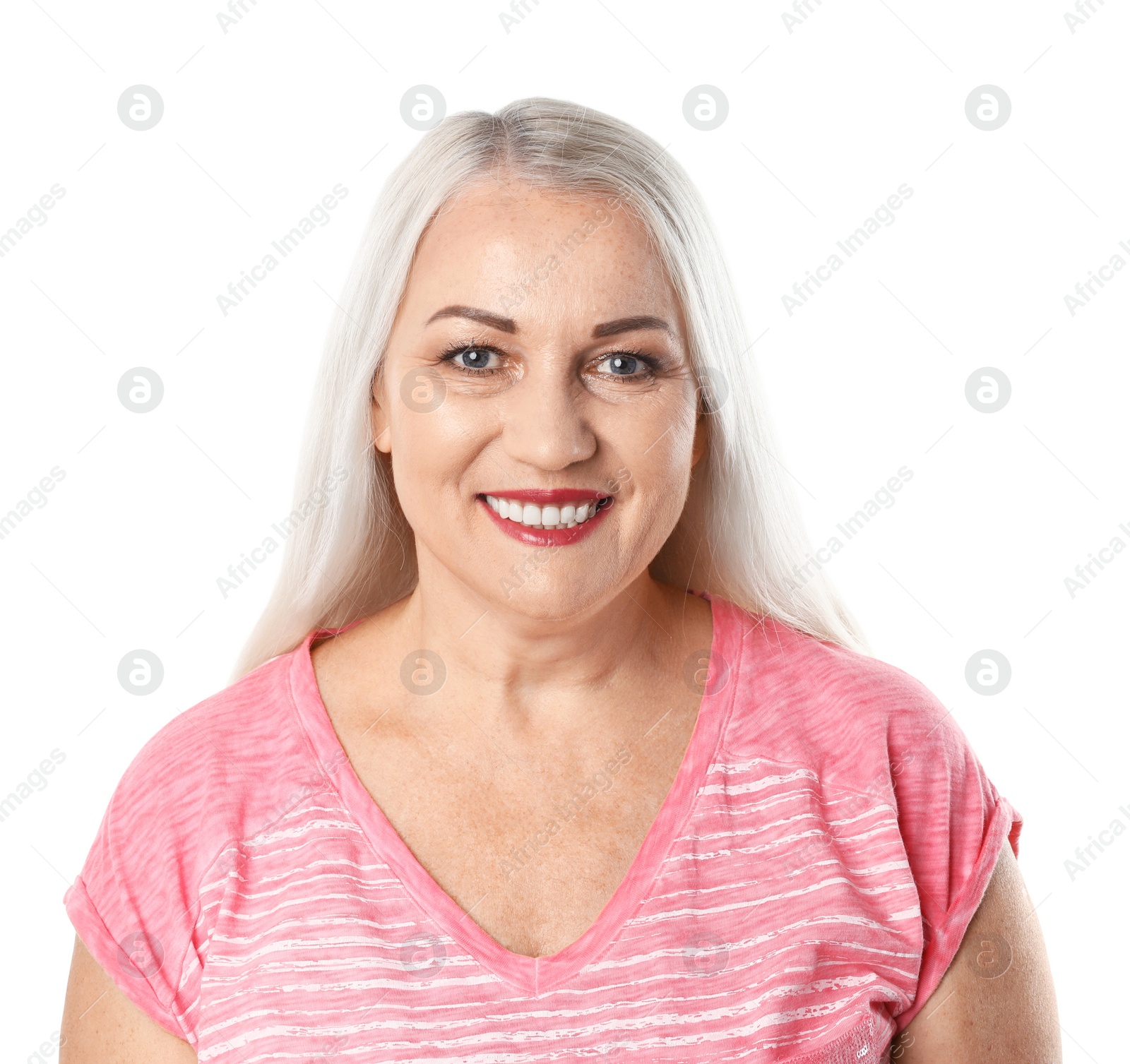 Photo of Smiling woman with perfect teeth on white background