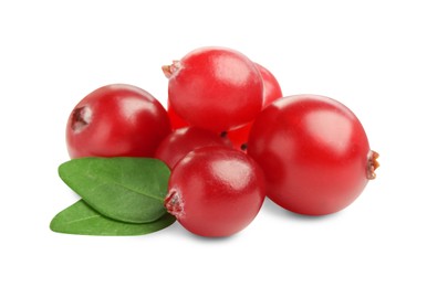 Photo of Fresh ripe cranberries with leaves isolated on white