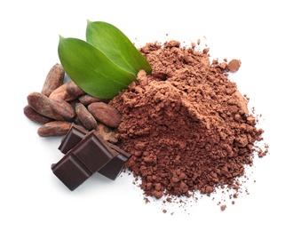 Cocoa powder, beans and pieces of chocolate on white background