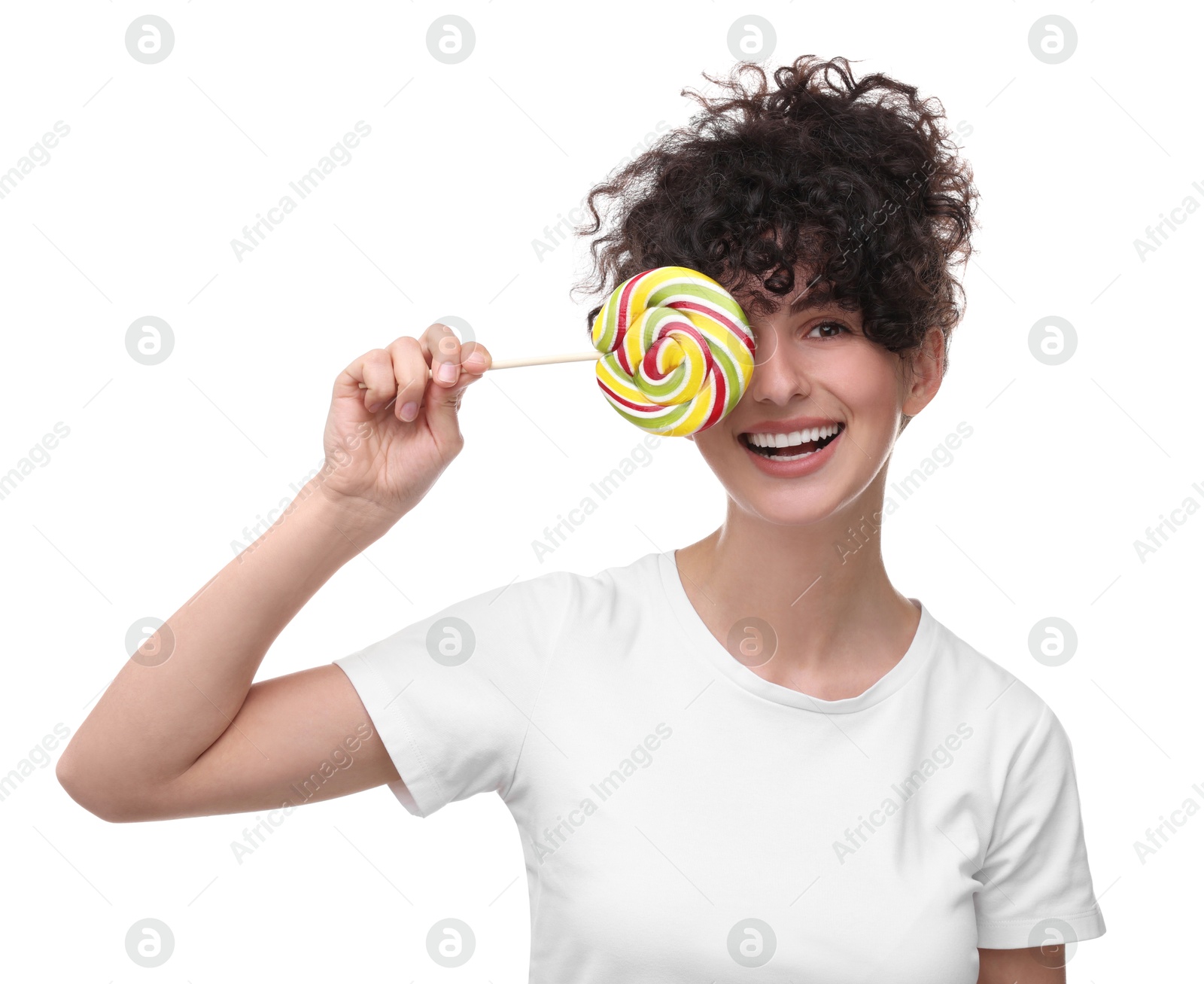 Photo of Beautiful woman with lollipop on white background