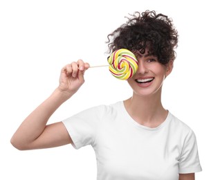 Beautiful woman with lollipop on white background