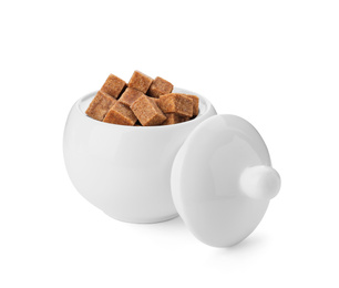 Photo of Ceramic bowl with brown sugar cubes isolated on white