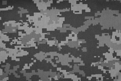 Image of Texture of camouflage fabric as background, top view. Black and white effect