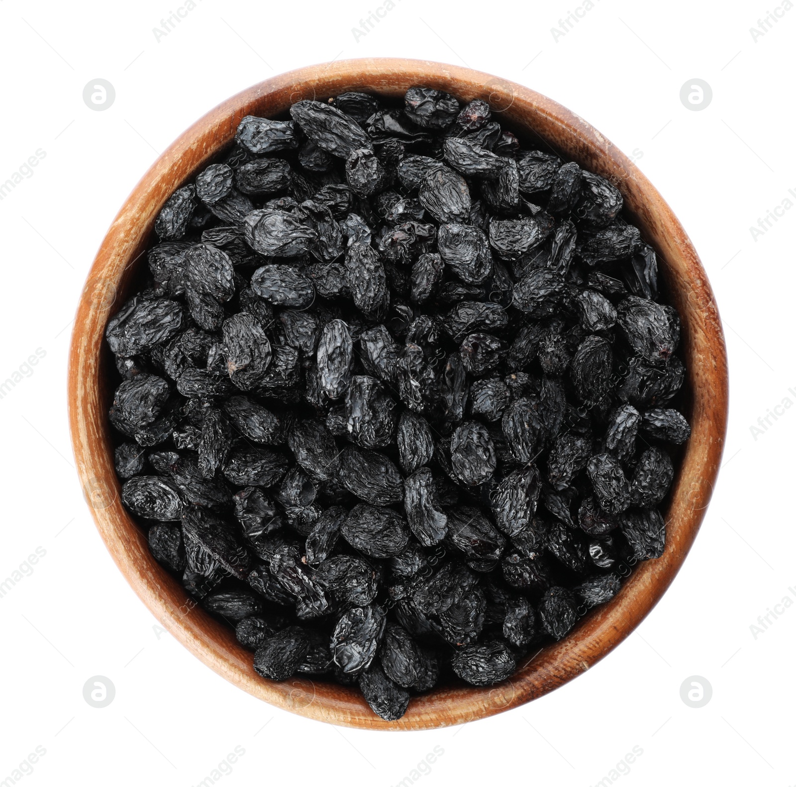 Photo of Bowl with dried dark raisins isolated on white, top view. Healthy nutrition with fruits