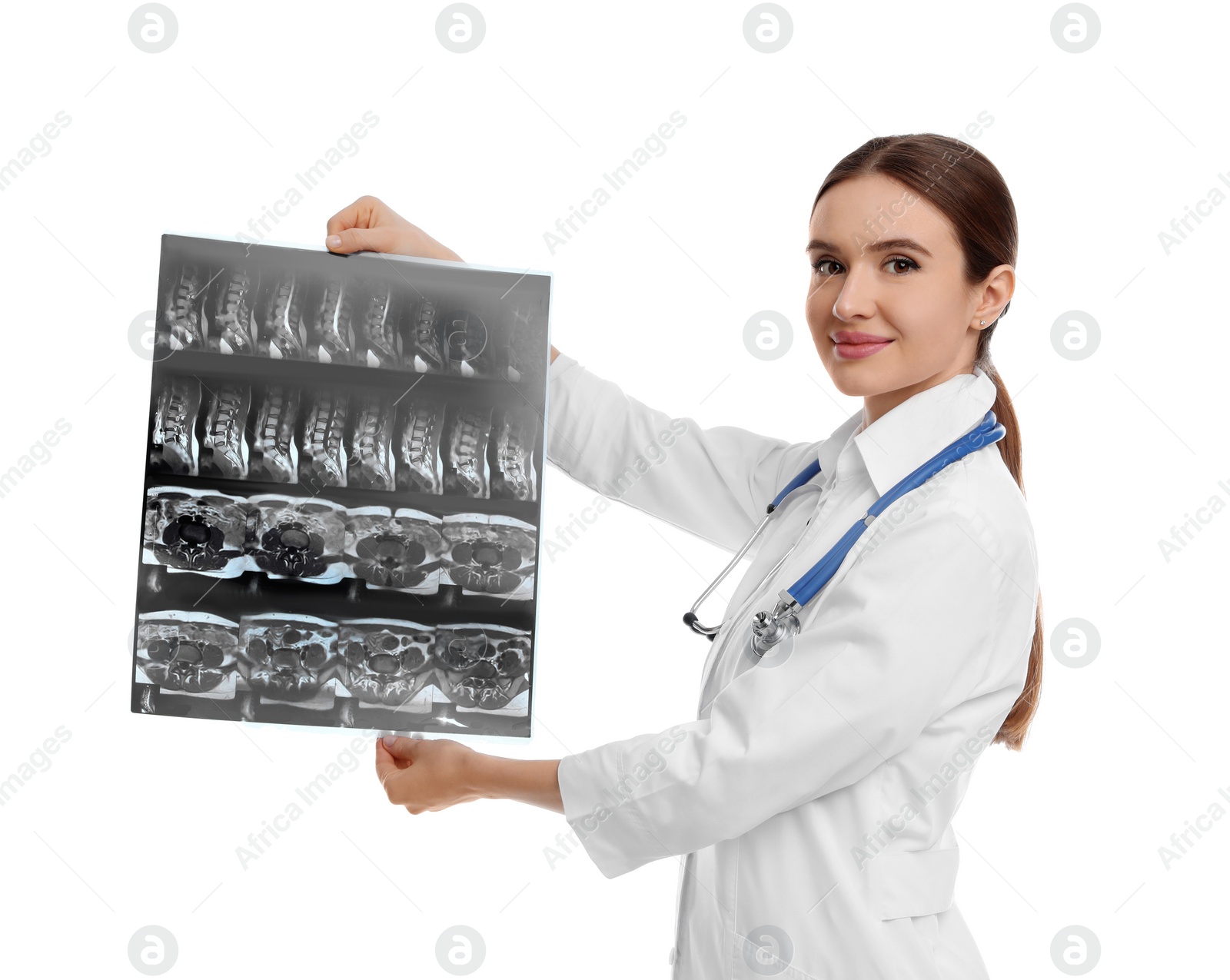 Photo of Orthopedist holding X-ray picture on white background