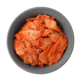 Bowl of spicy cabbage kimchi isolated on white, top view