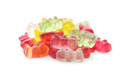 Pile of delicious jelly bears on white background