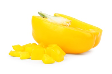 Photo of Cut yellow bell pepper isolated on white