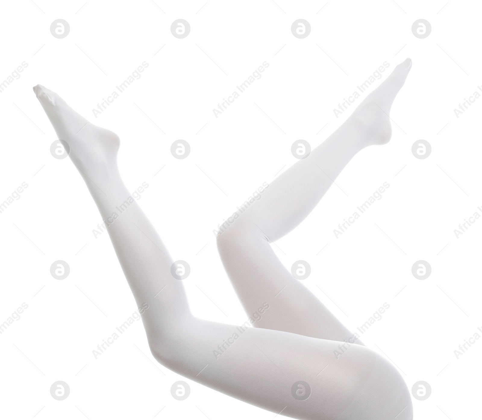 Photo of Woman wearing stylish tights on white background, closeup of legs
