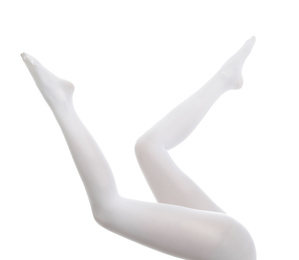 Woman wearing stylish tights on white background, closeup of legs