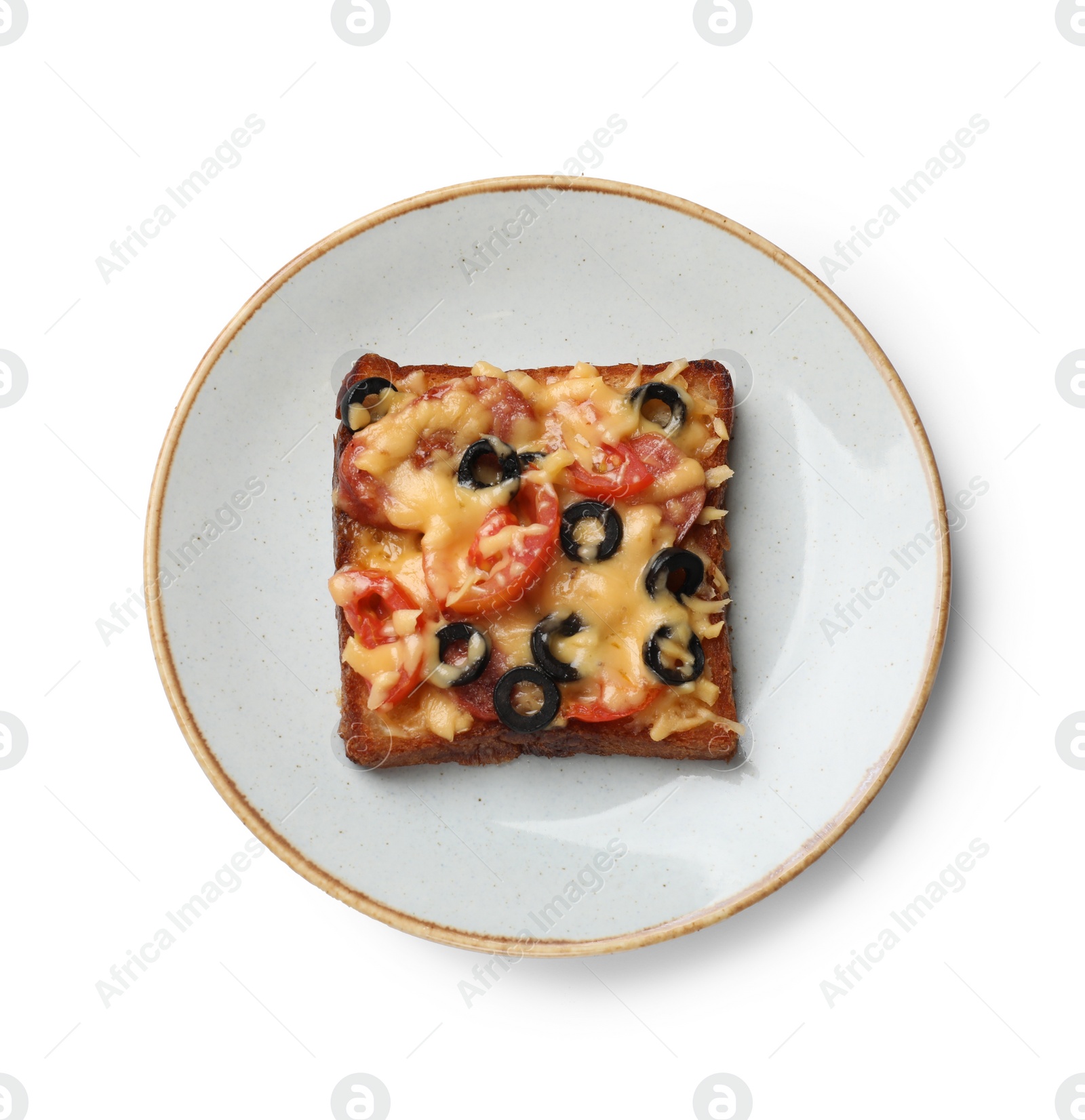 Photo of Plate with tasty pizza toast isolated on white, top view