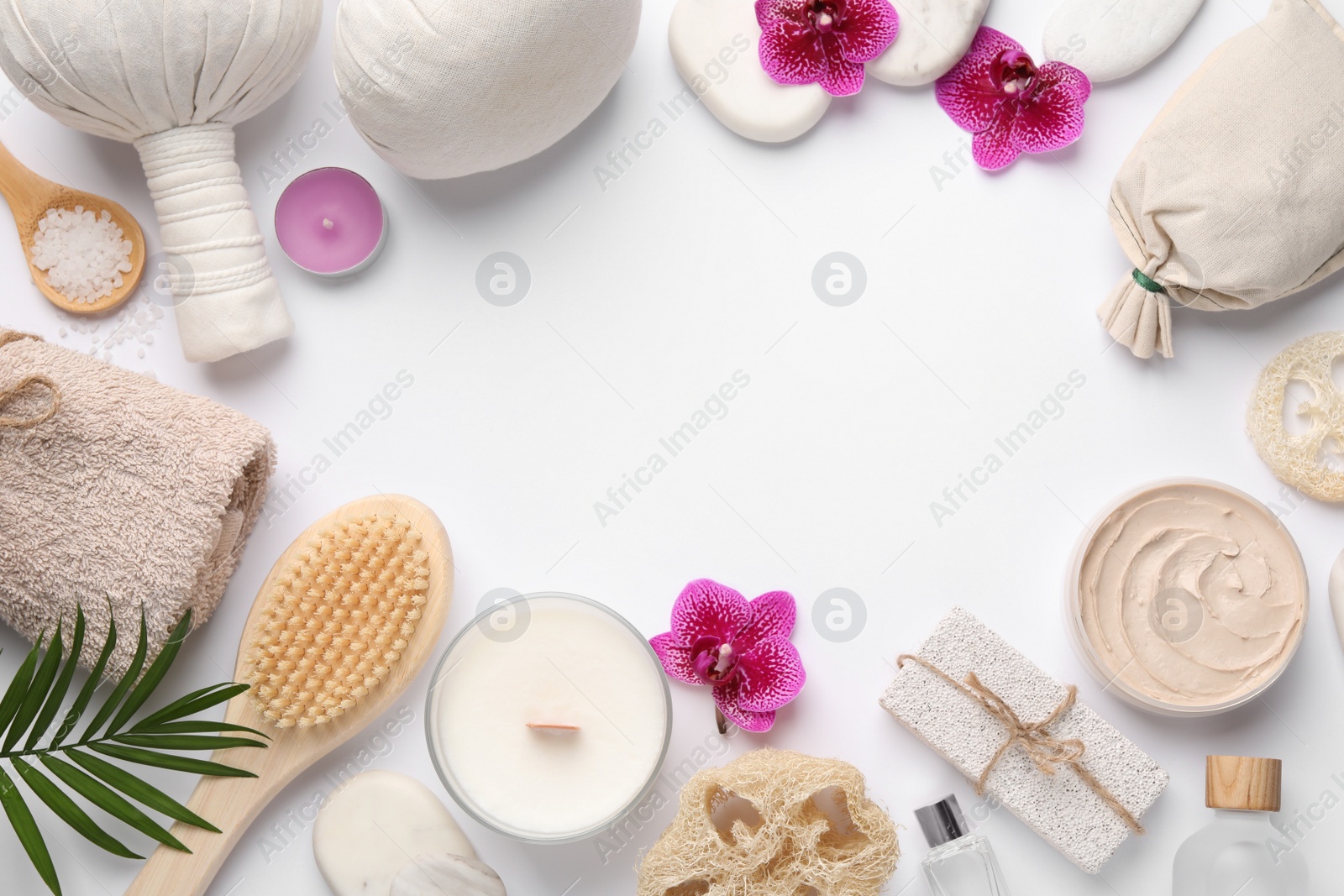 Photo of Flat lay composition with different spa products on white background. Space for text