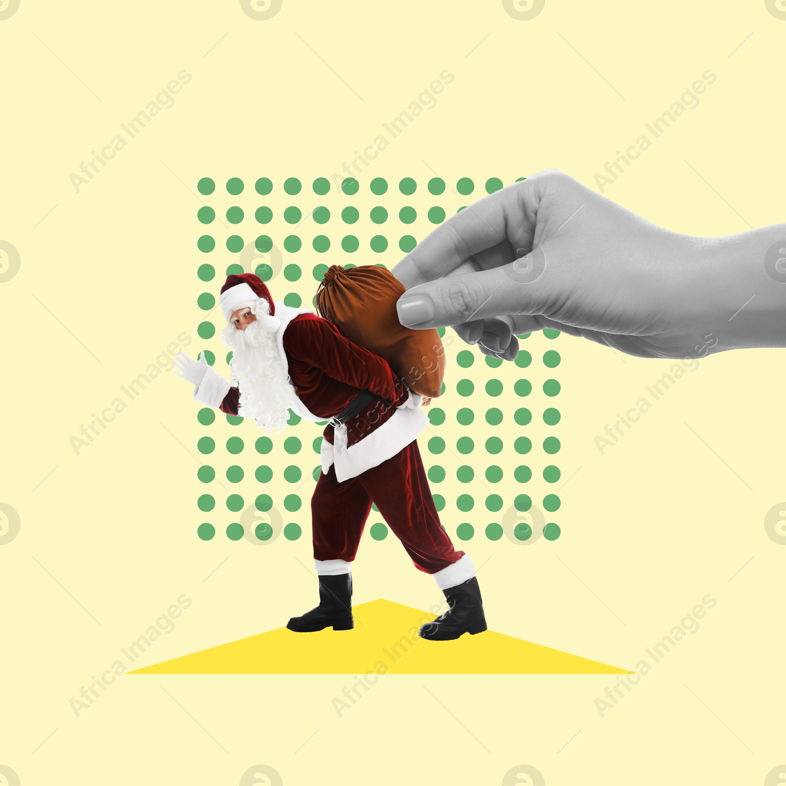 Image of Creative Christmas collage. Woman putting down bag onto with Santa's back against color background