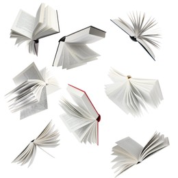Image of Many hardcover books falling on white background