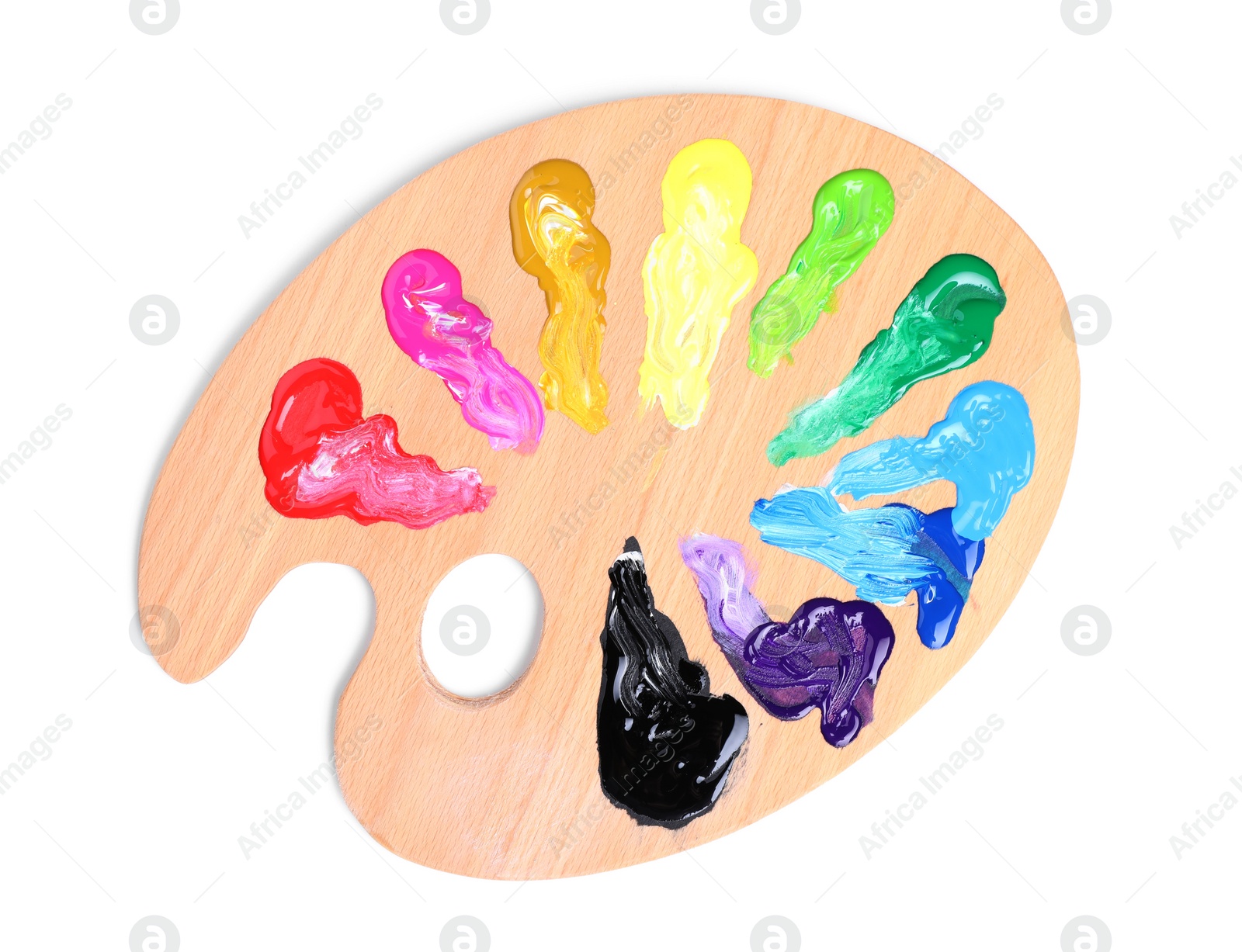 Photo of Palette with paints on white background, top view. Artist equipment
