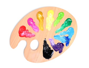 Photo of Palette with paints on white background, top view. Artist equipment