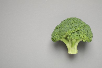 Photo of Fresh tasty broccoli on grey background, top view. Space for text