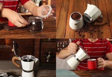 Image of Making coffee with moka pot step-by-step. Collage with photos