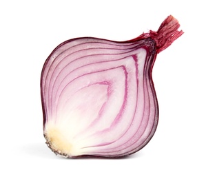 Photo of Half of red ripe onion on white background