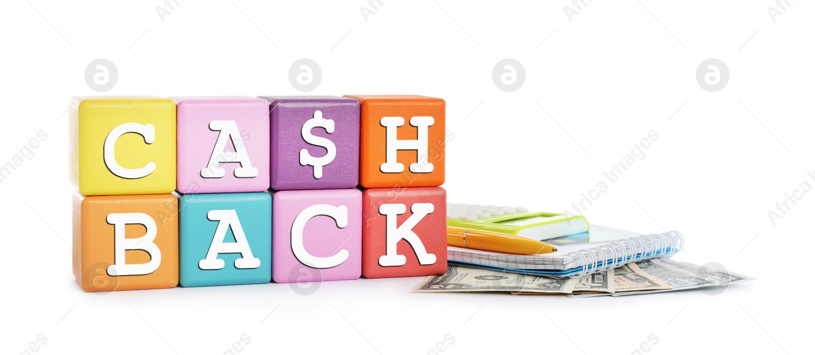 Photo of Colorful cubes with word Cashback, money, calculator and notebook on white background