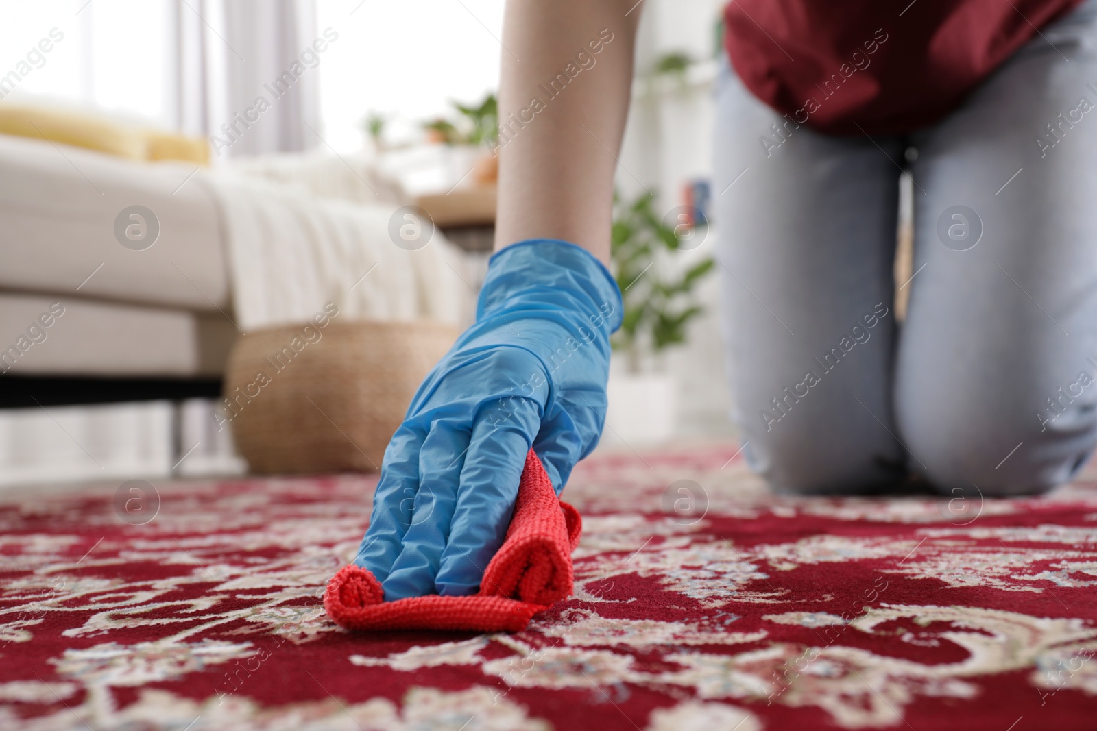 Photo of Woman in rubber gloves cleaning carpet with rag indoors, closeup. Space for text