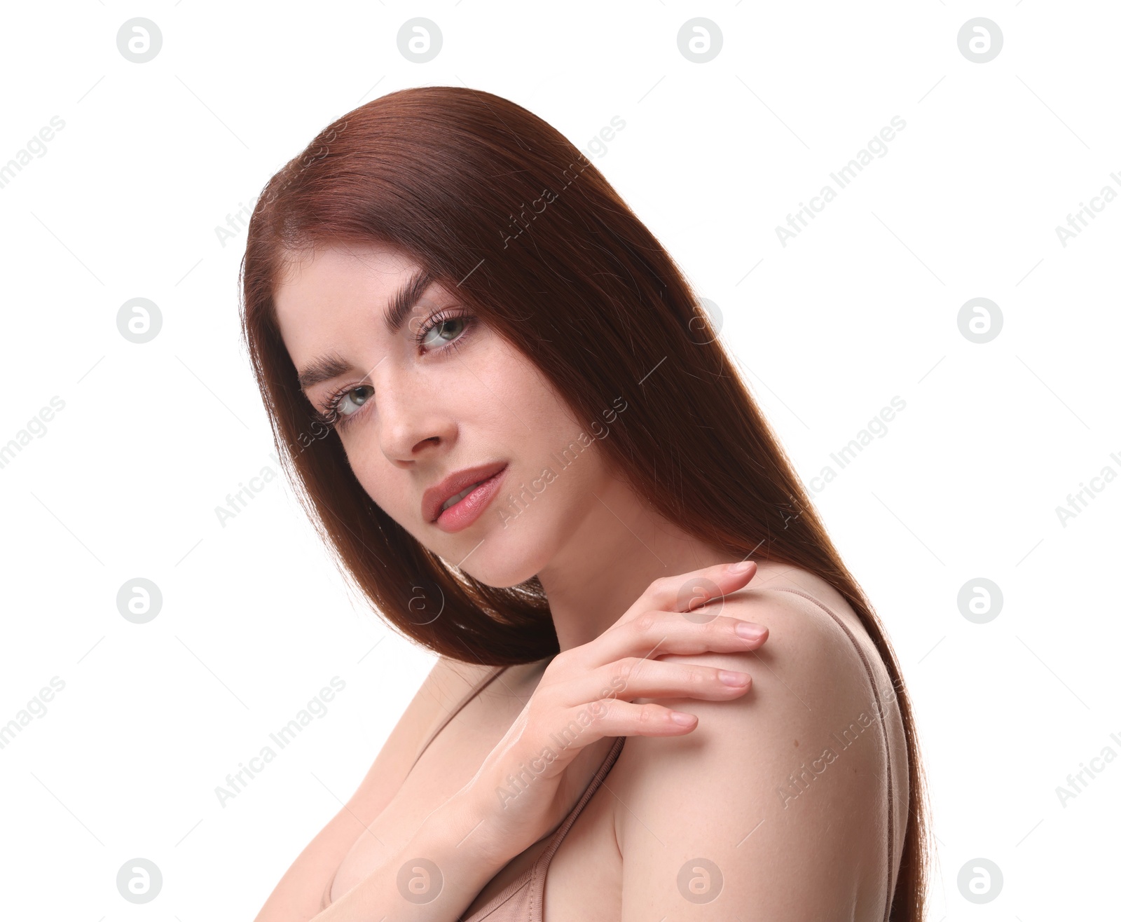 Photo of Portrait of beautiful woman on white background