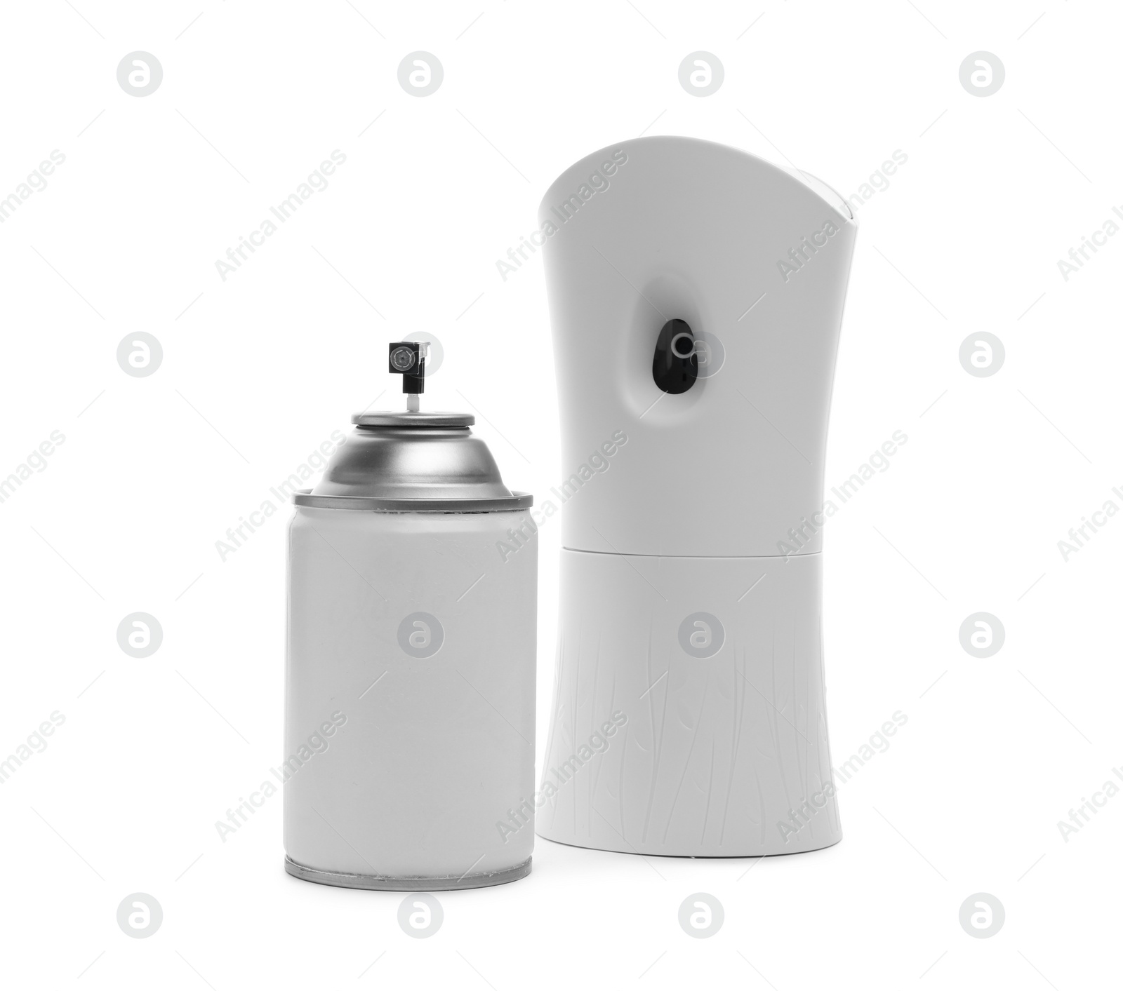 Photo of Automatic air freshener and aerosol bottle on white background