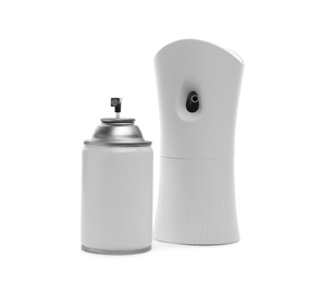 Photo of Automatic air freshener and aerosol bottle on white background