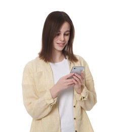 Photo of Teenage girl using smartphone on white background