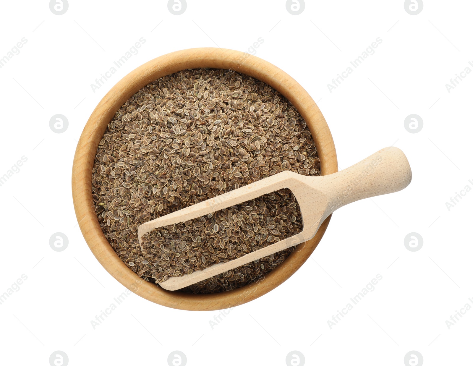 Photo of Bowl of dry dill seeds and scoop isolated on white, top view